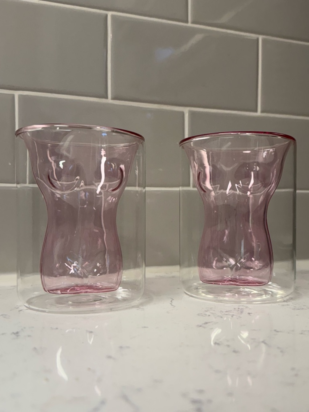 Femme Form Glass - Set of 2 - Clear and Pink |Food Safe | Drinking Glass Cups